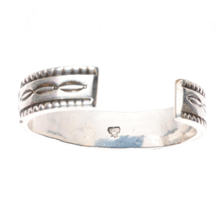7.5" c1950 Mark Chee Navajo sterling silver deep stamped heavy cuff bracelet