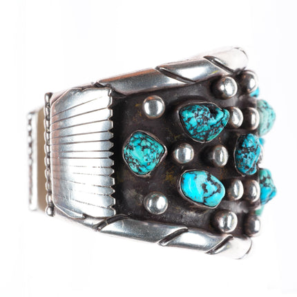 7" Vintage CRB Navajo sterling silver turquoise cluster nugget cuff bracelet