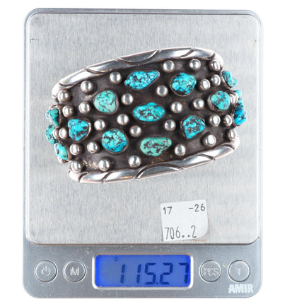 7" Vintage CRB Navajo sterling silver turquoise cluster nugget cuff bracelet