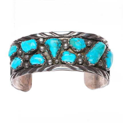 6.8" Vintage Zuni sterling silver carved turquoise nugget cuff bracelet