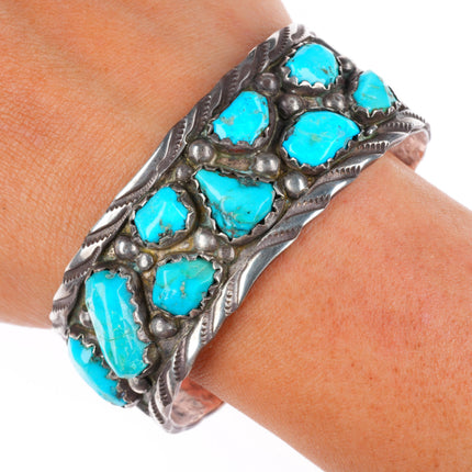6.8" Vintage Zuni sterling silver carved turquoise nugget cuff bracelet
