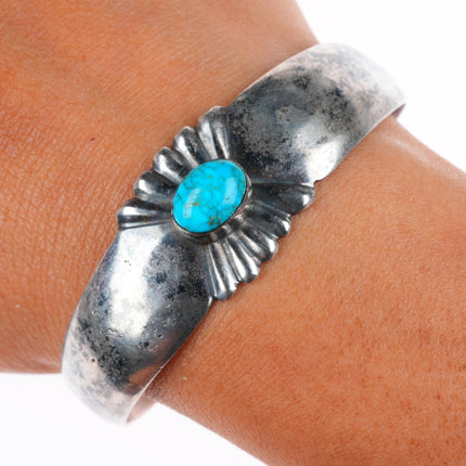 6.5" vintage Navajo sterling silver waterweb turquoise cuff bracelet