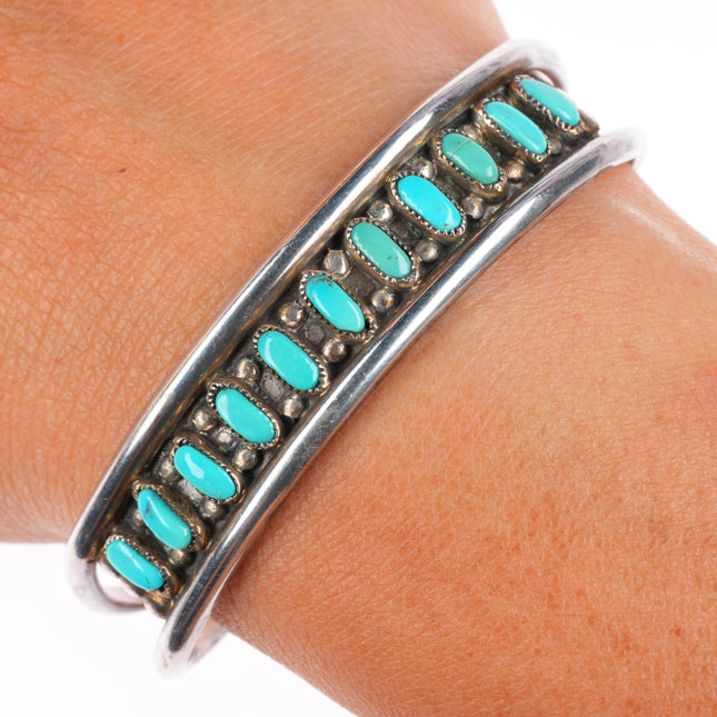 6.25" vintage L.V. Gasper Zuni sterling silver turquoise row cuff bracelet