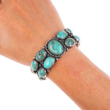 6.1" Vintage Navajo sterling silver stamped double row turquoise cuff bracelet