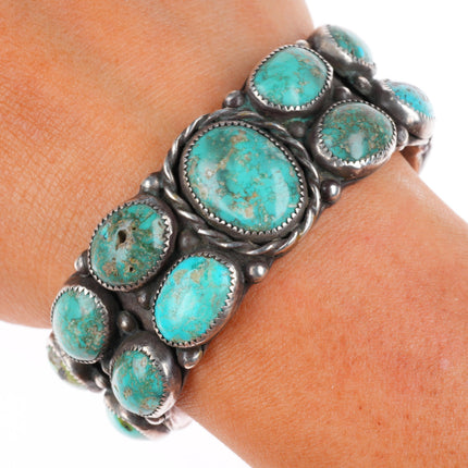 6.1" Vintage Navajo sterling silver stamped double row turquoise cuff bracelet