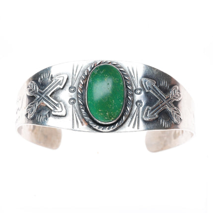 6.6" 1940's Fred Harvey Era Navajo sterling silver turquoise snakes/arrows cuff bracelet