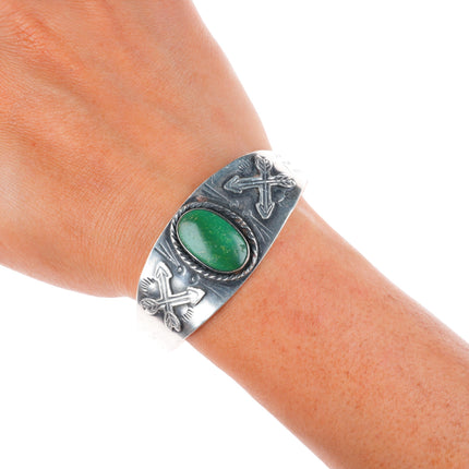 6.6" 1940's Fred Harvey Era Navajo sterling silver turquoise snakes/arrows cuff bracelet