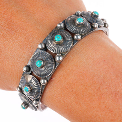 6.25" c1930's Navajo sterling silver snake eye turquoise conchos cuff bracelet