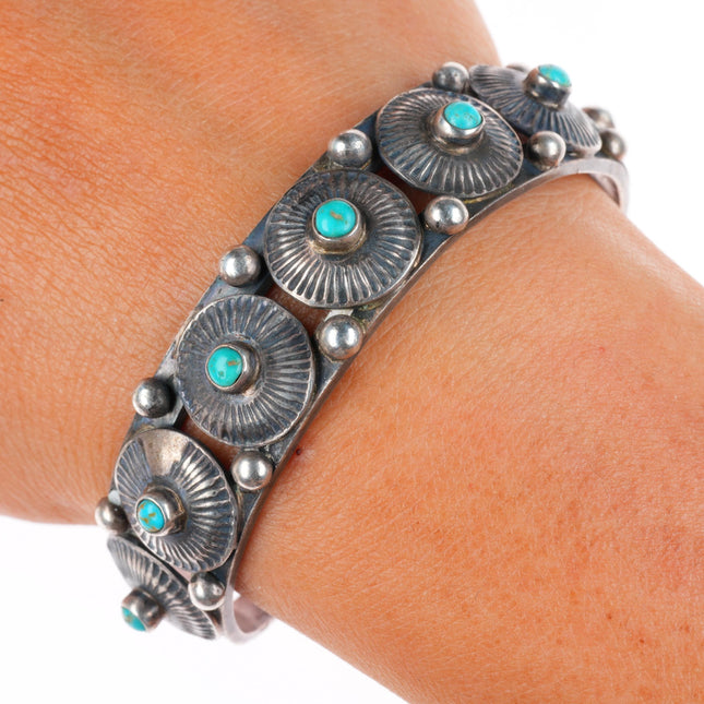 6.25" c1930's Navajo sterling silver snake eye turquoise conchos cuff bracelet