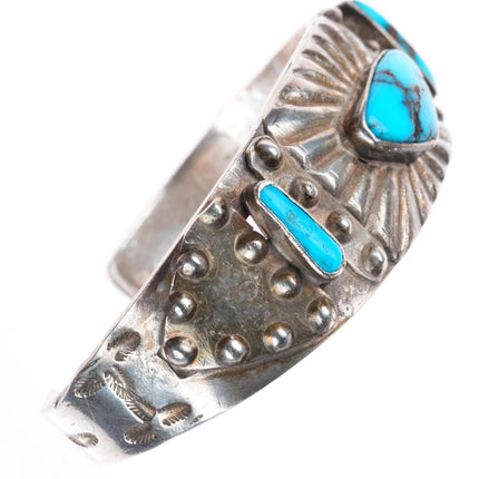6.4" c1930 Navajo ingot silver rayed repousse high grade turquoise cuff bracelet