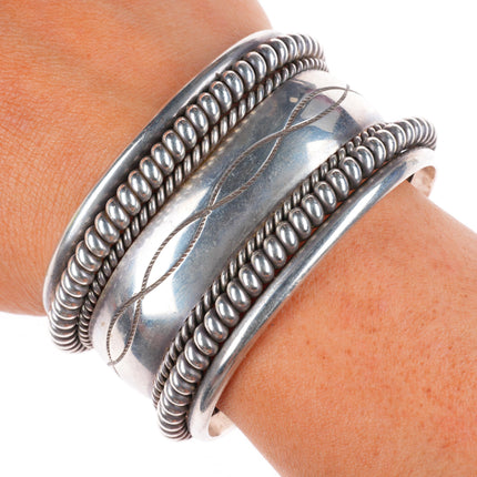 6.4" Tahe Navajo sterling silver twisted wire stamped heavy cuff bracelet