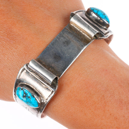 6.4" c1930's Navajo Ingot silver spiderweb turquoise watch cuff bracelet