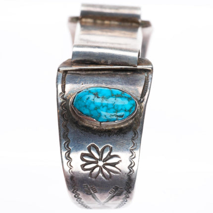 6.4" c1930's Navajo Ingot silver spiderweb turquoise watch cuff bracelet