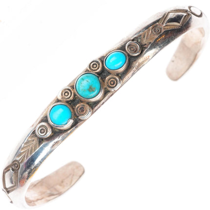 6.5" 20's-30's Historic Navajo ingot silver deep stamped turquoise cuff bracelet