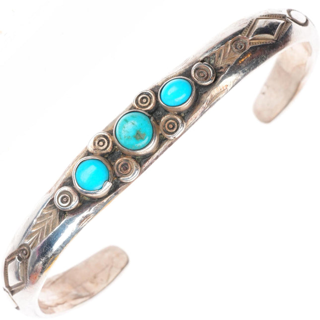 6.5" 20's-30's Historic Navajo ingot silver deep stamped turquoise cuff bracelet