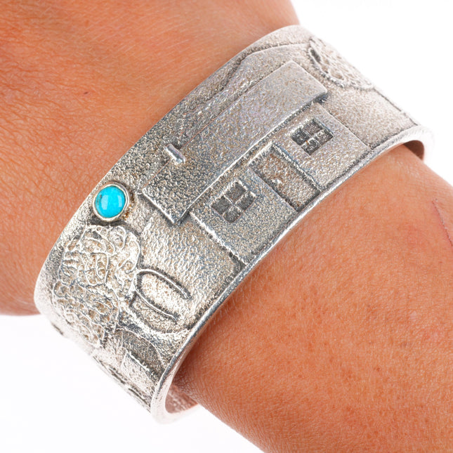 6" Kewa or Navajo Tufa Cast sterling silver cuff bracelet with turquoise