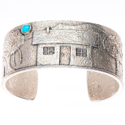 6" Kewa or Navajo Tufa Cast sterling silver cuff bracelet with turquoise