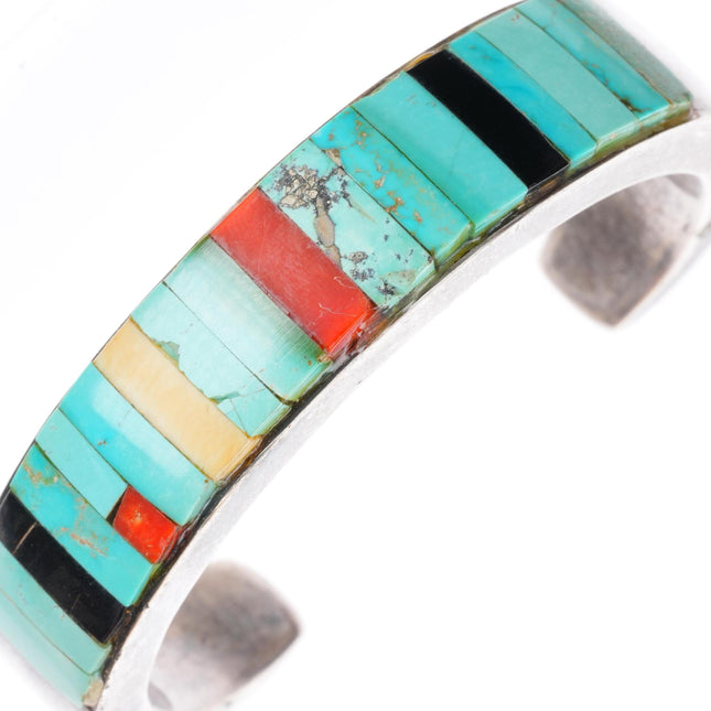 6" Vintage Native American sterling silver, turquoise, coral inlay cuff bracelet