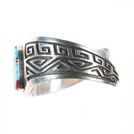 6.5" Vintage Zuni intarsia inlay southwestern sterling silver cuff bracelet
