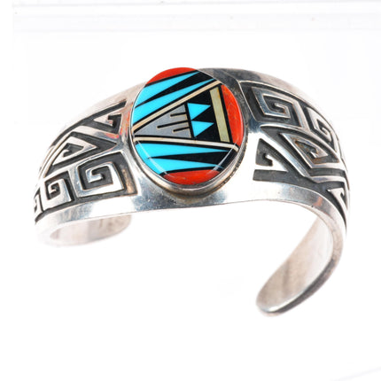 6.5" Vintage Zuni intarsia inlay southwestern sterling silver cuff bracelet