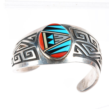 6.5" Vintage Zuni intarsia inlay southwestern sterling silver cuff bracelet