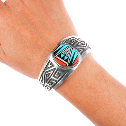 6.5" Vintage Zuni intarsia inlay southwestern sterling silver cuff bracelet