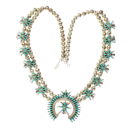 Lorna Mahkee Zuni sterling silver needlepoint turquoise squash blossom necklace