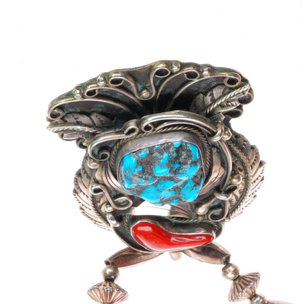 24" Large Justin Morris Navajo sterling silver turquoise/coral pendant necklace