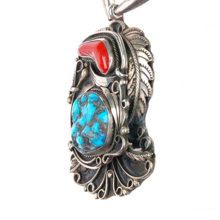 24" Large Justin Morris Navajo sterling silver turquoise/coral pendant necklace