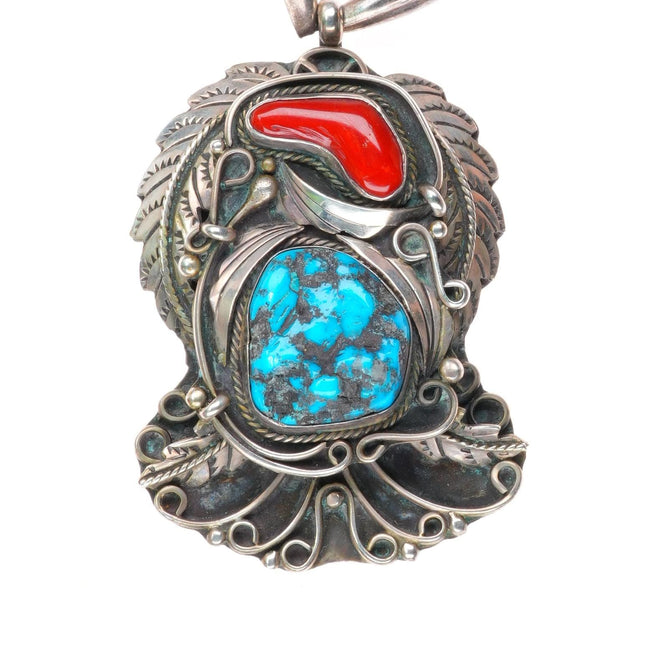 24" Large Justin Morris Navajo sterling silver turquoise/coral pendant necklace