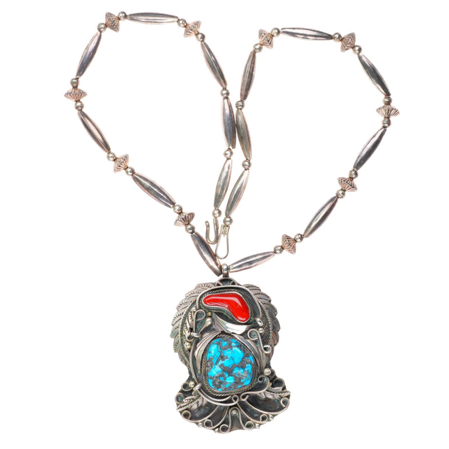 24" Large Justin Morris Navajo sterling silver turquoise/coral pendant necklace