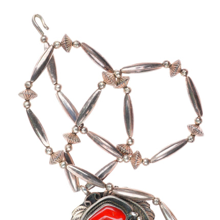 24" Large Justin Morris Navajo sterling silver turquoise/coral pendant necklace