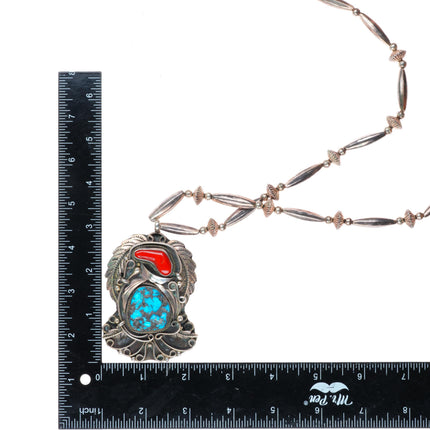 24" Large Justin Morris Navajo sterling silver turquoise/coral pendant necklace