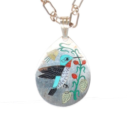 22" Laconsello Zuni sterling silver flush inlaid Hummingbird pendant necklace