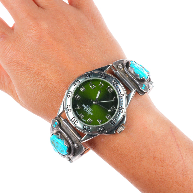 7.75" Vintage Effie Calavaza Zuni sterling silver turquoise watch tips bracelet