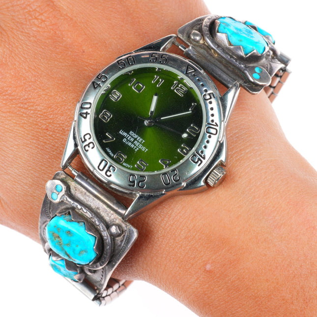 7.75" Vintage Effie Calavaza Zuni sterling silver turquoise watch tips bracelet