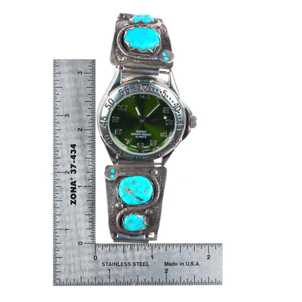 7.75" Vintage Effie Calavaza Zuni sterling silver turquoise watch tips bracelet