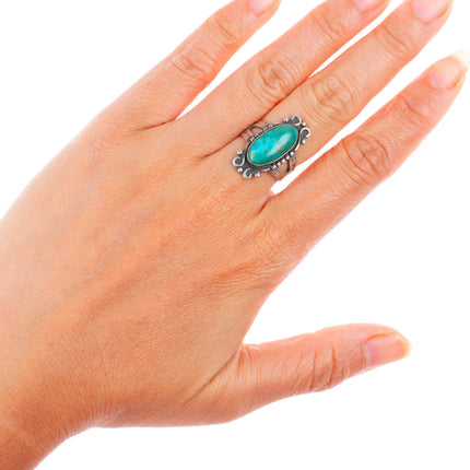 sz7 c1940 Navajo Blue Gem Turquoise sterling silver hand stamped ring