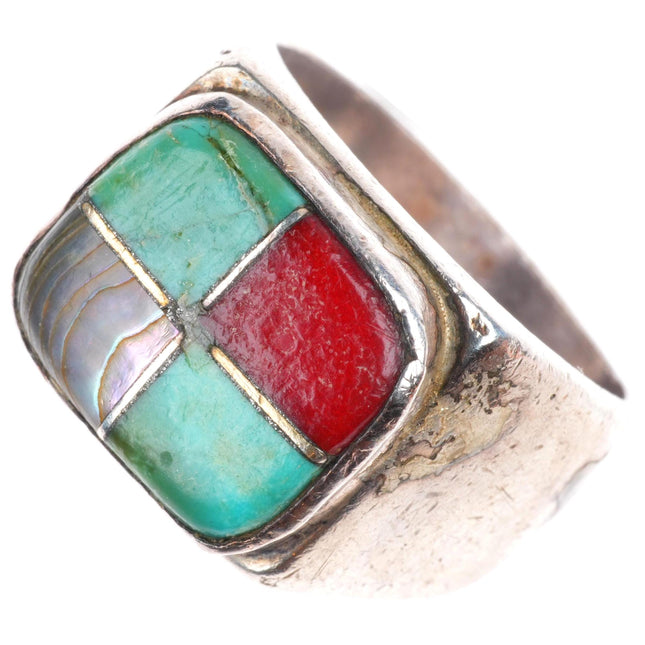 sz11.5 Vintage Native American sterling silver turquoise, coral, shell mens ring
