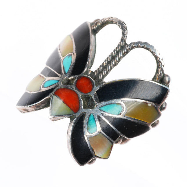 sz6 vintage Zuni sterling silver turquoise, shell, coral inlay butterfly ring