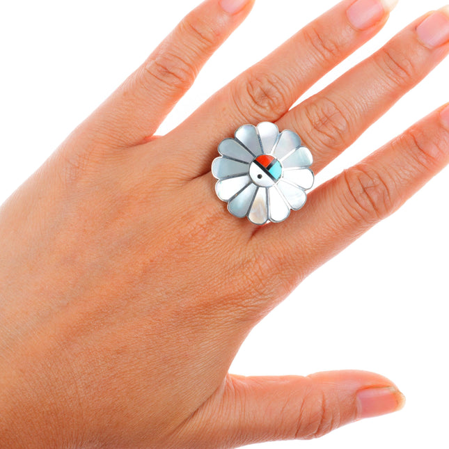 sz9 vintage Gasper Zuni sterling silver shell, turquoise, coral sunface ring