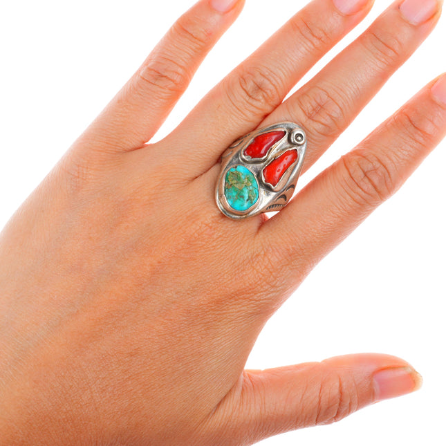 sz10 vintage Zuni sterling silver turquoise and branch coral size 10 men's ring