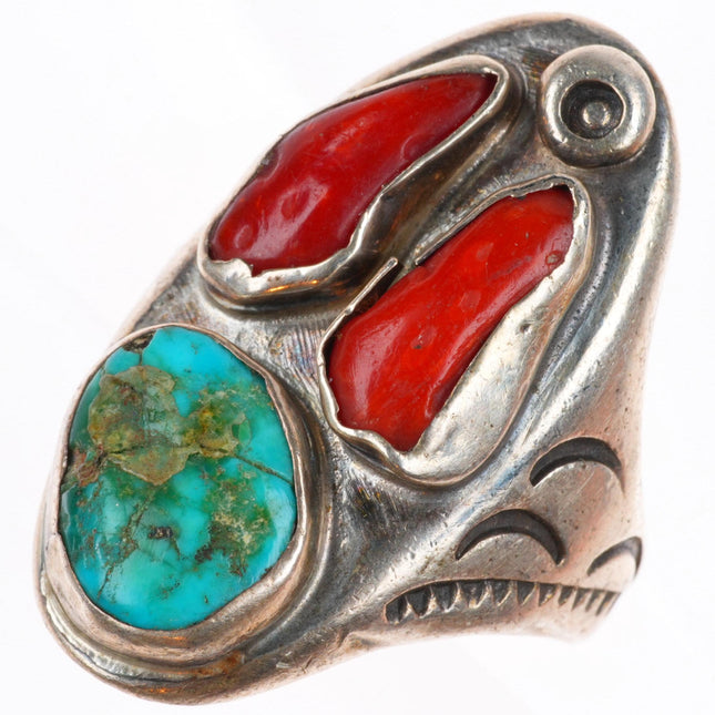 sz10 vintage Zuni sterling silver turquoise and branch coral size 10 men's ring