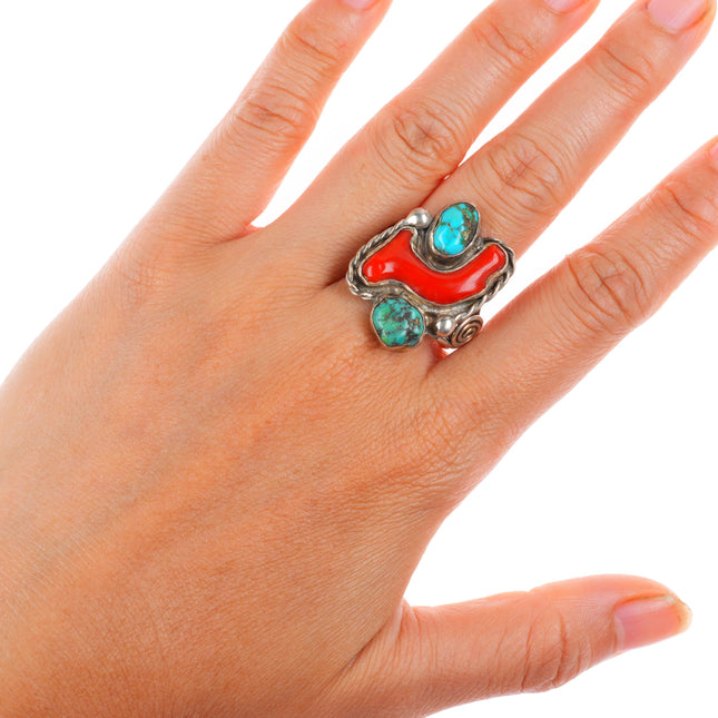 sz11 vintage Zuni sterling silver turquoise branch coral size 11 men's ring