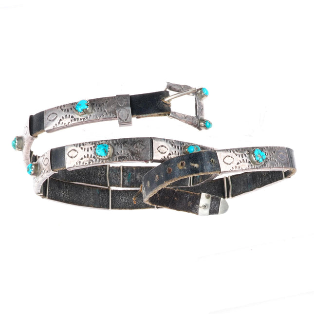 Vintage Navajo sterling silver turquoise on leather concho belt style hatband