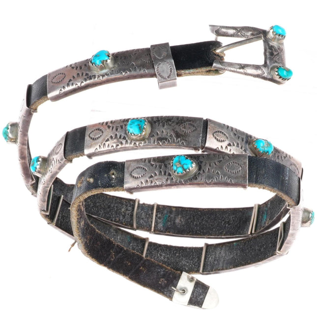 Vintage Navajo sterling silver turquoise on leather concho belt style hatband