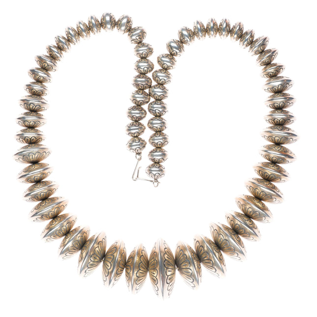 23.5" Vintage Navajo pearls sterling silver handmade/hand stamped bead necklace