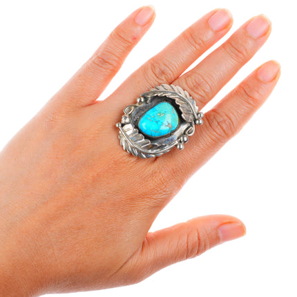 sz9.5 big vintage Navajo sterling silver feather ring with nice turquoise