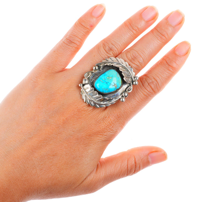 sz9.5 big vintage Navajo sterling silver feather ring with nice turquoise
