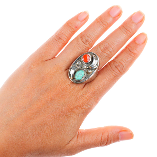sz12.5 vintage Navajo sterling silver turquoise and coral size 12.5 men's ring